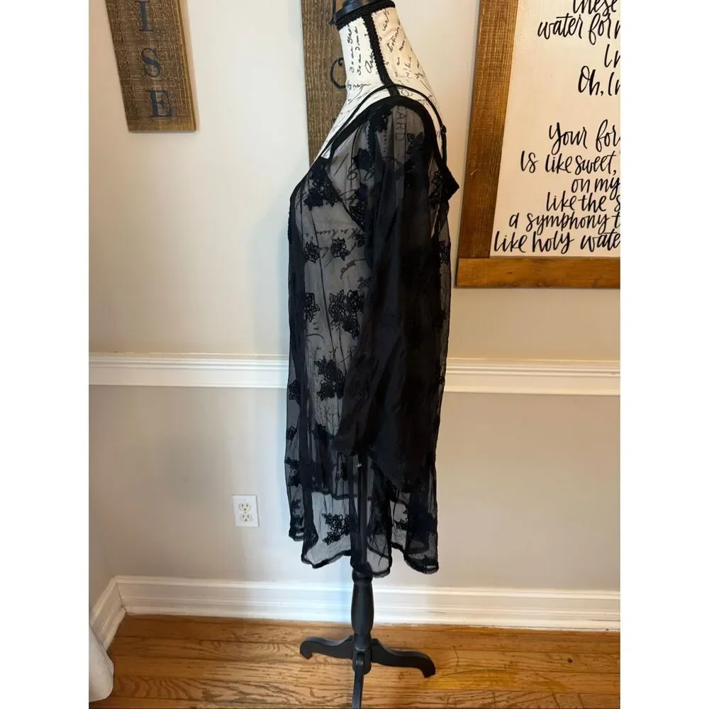 Torrid Women's Embroidered Floral Mesh Cold-Shoulder Swim Cover-up Black Sz 1/1X